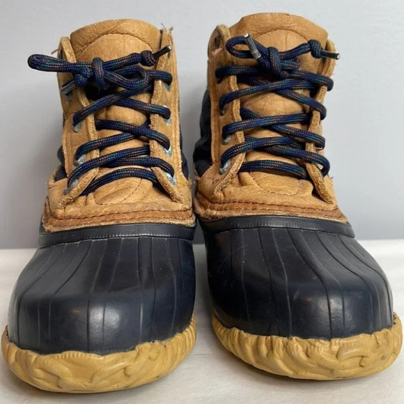 SOREL VINTAGE Duck Boots Navy Brown Leather Lined Ankle Lace Up Gorpcore Size 6 - Picture 4 of 14